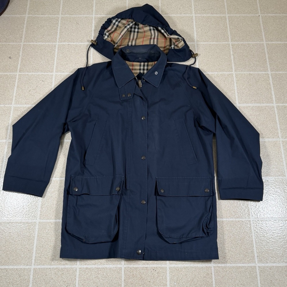 Vintage Burberrys Jacket Mens M Blue Hooded Field Nova Check Lined Parka 80s